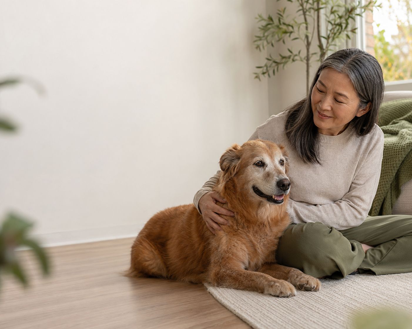 A pet parent sitting close to an older dog in soft window light