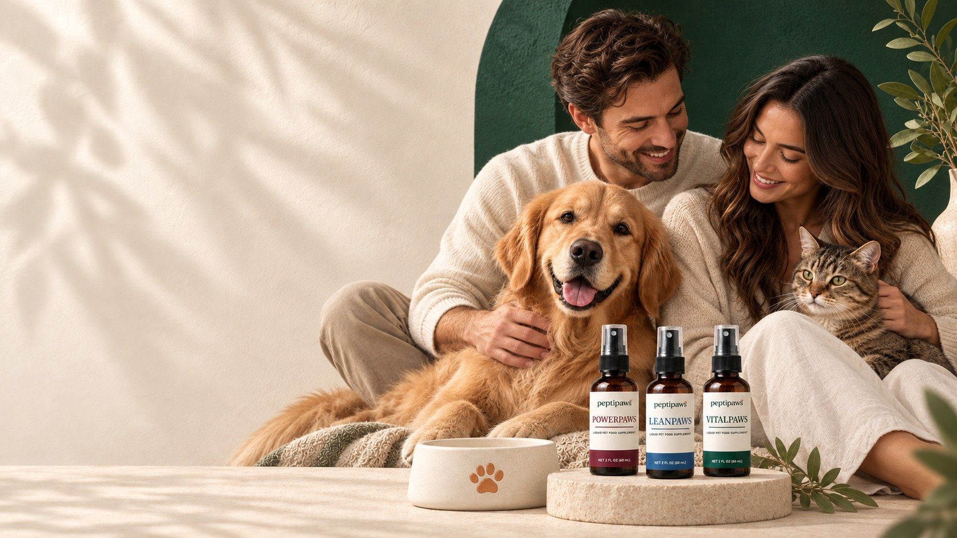 A couple on a couch with their golden retriever and tabby cat, three PeptiPaws spray bottles beside a paw-print food bowl