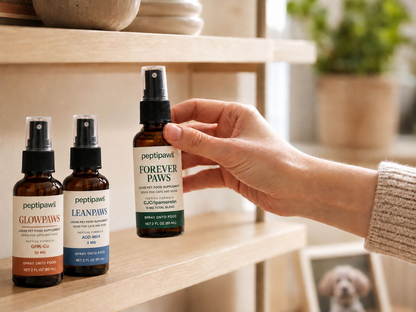 A pet parent choosing a PeptiPaws bottle from a shelf