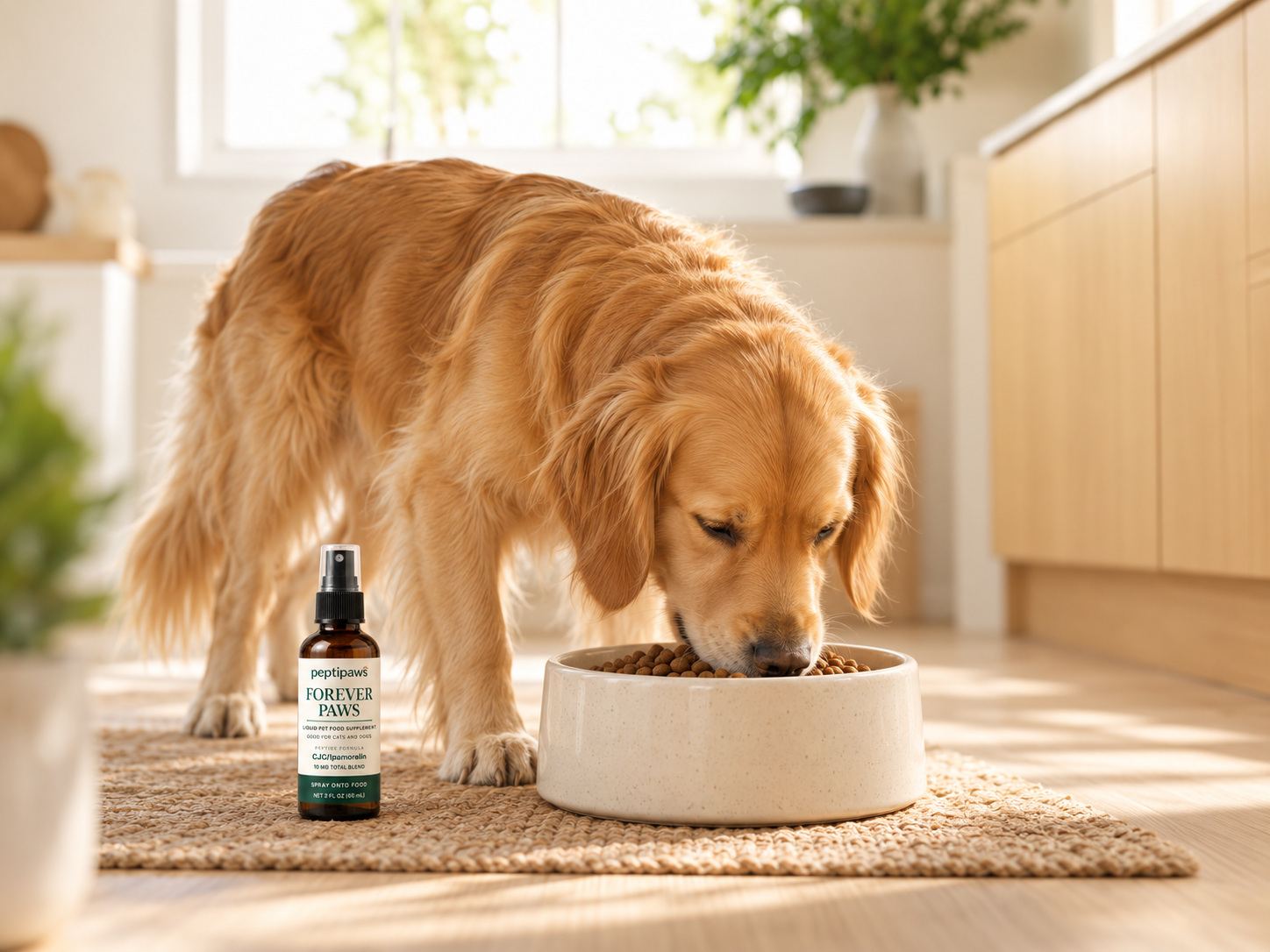 A dog eating from a ceramic bowl in a bright kitchen