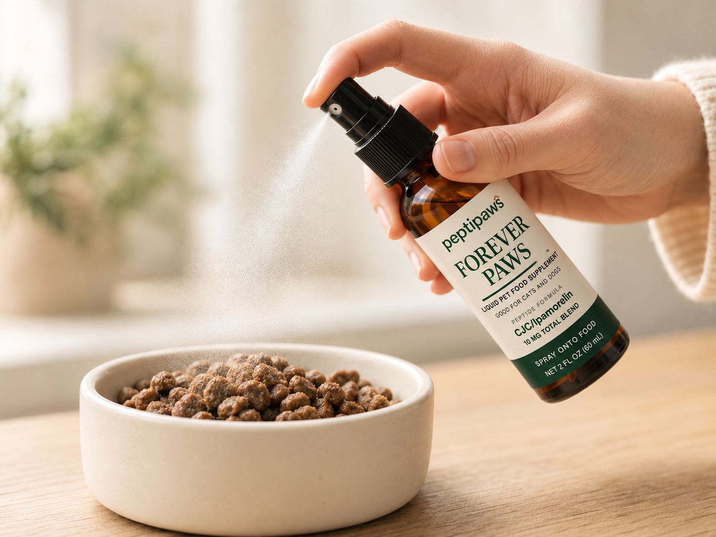 A hand spraying PeptiPaws onto pet food in a ceramic bowl