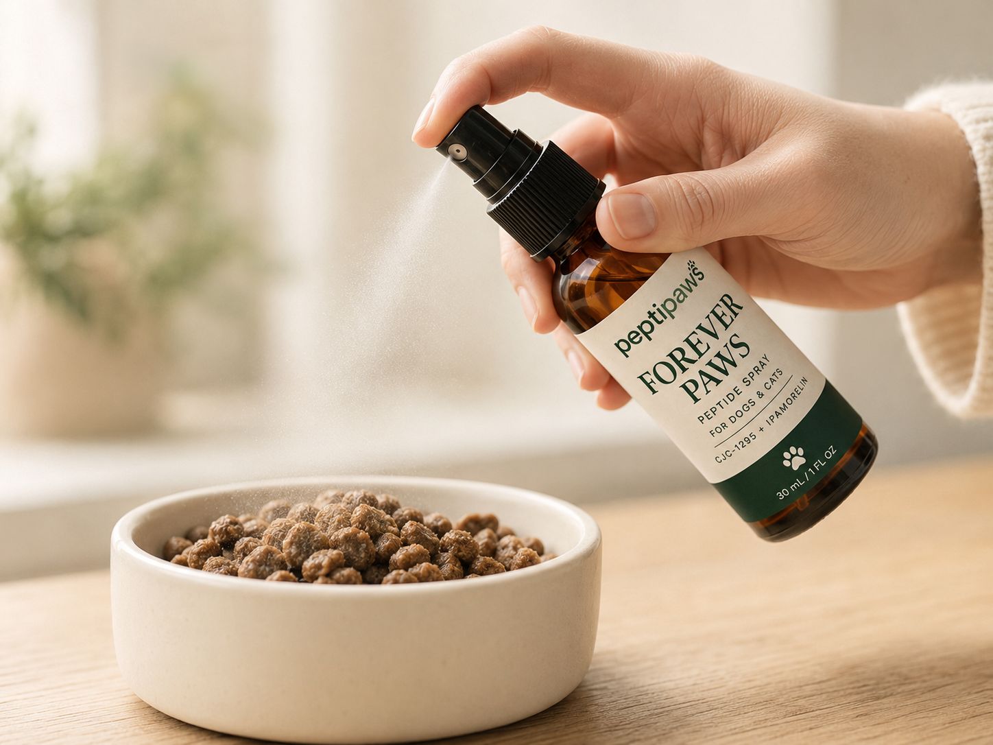 A hand spraying PeptiPaws onto pet food in a ceramic bowl